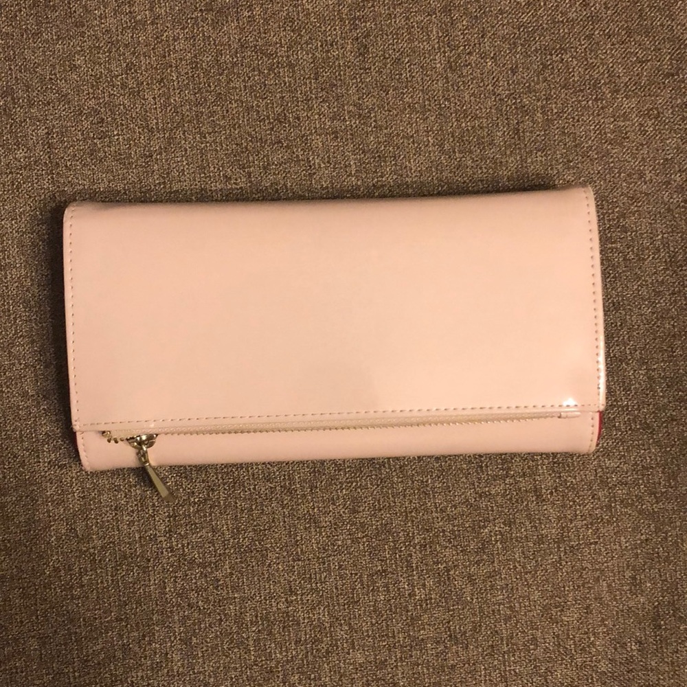 Nude faux patent leather wallet
